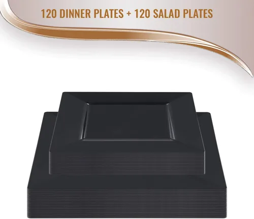 Vista 5 de Smarty Had A Party Elegante juego de vajilla de plástico desechable, platos de plástico resistentes (negro, juego de platos combinados