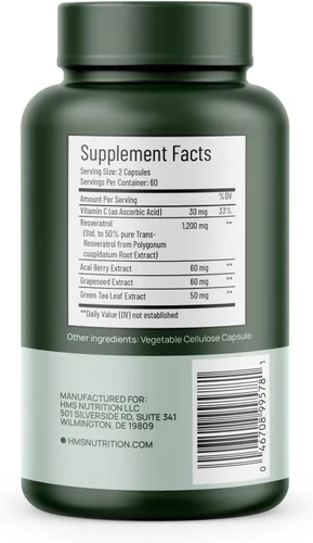 Vista 3 de HMS Nutrition Resveratrol 1400 mg por porción — 120 cápsulas veganas Trans‑resveratrol de alta potencia con acai, semilla de uva y té verde