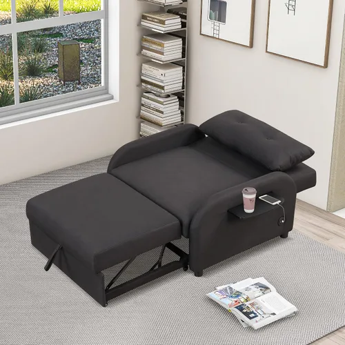Vista 4 de Sofá cama extraíble 3 en 1, sofá cama convertible con 2 bolsillos laterales para mesa de ala y carga USB para tela de línea de siesta para sala