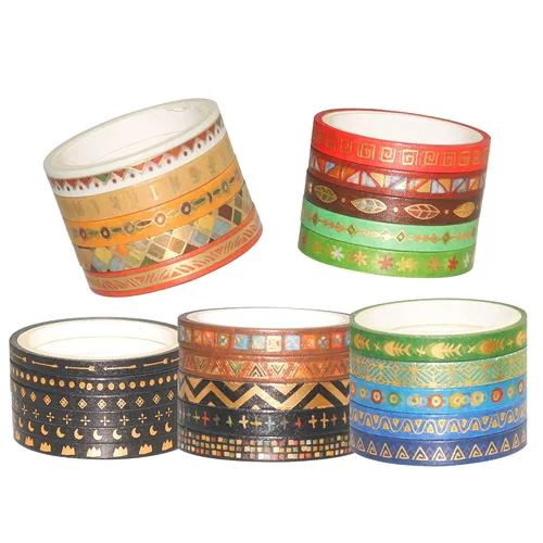 Vista 2 de YUBBAEX Juego de 26 rollos de cinta washi india, 0.197 in de ancho, tótem folclórico dorado fino decorativo para diario, álbum de recortes, agenda