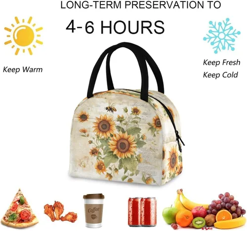 Vista 3 de Bolsa de almuerzo reutilizable con diseño de abejas y flores silvestres rurales, bolsa térmica resistente al agua para hombre y mujer, picnic