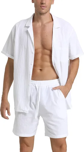 Vista 27 de RPOVIG Conjunto corto de camisa de lino: conjunto casual de 2 piezas con botones para hombre