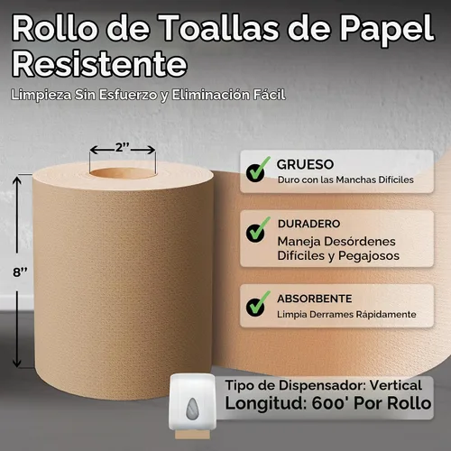 Vista 2 de Restaurantware - Rollo de toalla de papel kraft de 1 capa, 600 pies x 8 pulgadas, 1 unidad