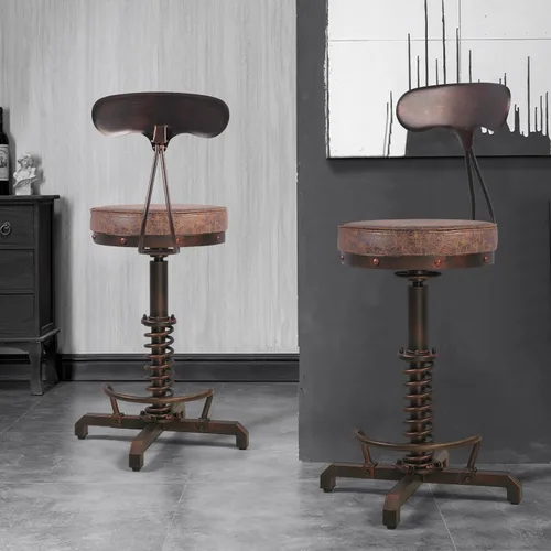 Vista 2 de Taburete de bar industrial con respaldo de metal, taburetes de café rústicos con asiento de cuero giratorio, silla de isla de cocina vintage, sillas