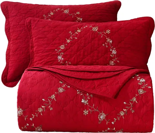 Vista 7 de vctops - Juego de colcha de 3 piezas, elegante, con bordado floral, de tamaño individual, 100% algodón, reversible y de retazos, 1 colcha y 2 fundas