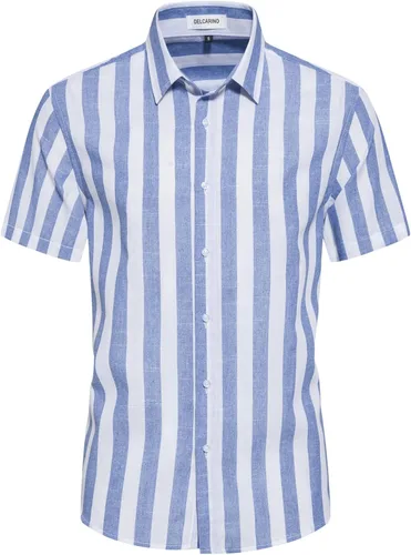 Vista 2 de DELCARINO Camisa casual de manga corta para hombre, camisa de lino y algodón con estilo de rayas verticales