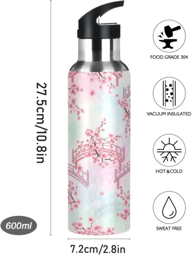 Vista 9 de BPA-Free Sports Water Bottle with Straw 32 Oz, Insulated Stainless Steel Water Bottle with Straw for Gym Outdoor Travel School, Cherry Blossom