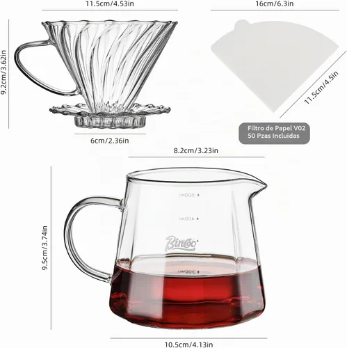 Vista 2 de Bincoo Juego de cafetera vertida, cafetera de goteo de cono de 60° en forma de V, incluye jarra de café de vidrio borosilicato de 16 onzas y gotero