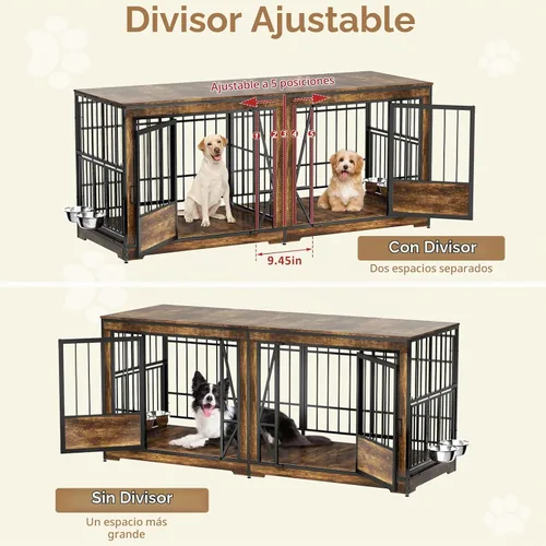 Vista 2 de Jaula doble para perros de 61'', mueble para 2 perros, soporte de TV con jaula para perros con divisor ajustable, mueble de jaula doble para perros