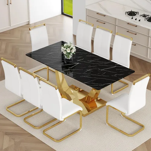 Vista 38 de Juego de Mesa de Comedor Negra para 6, Mesa de Comedor de Mármol Falso de 71" para 6, Juego de Mesa de Cocina Rectangular con Sillas de Cuero PU