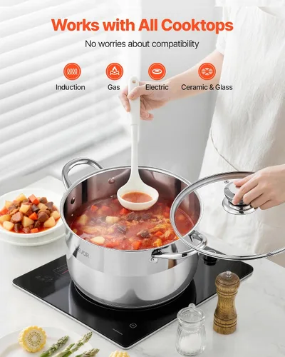 Vista 4 de VEVOR Olla de acero inoxidable, olla de acero inoxidable de 8 cuartos con tapa de vidrio, sin PFOA, sin PFAS, compatible con estufas de gas, cocinas