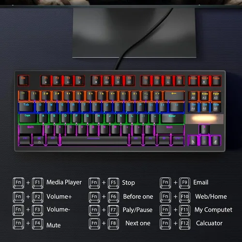 Vista 7 de Anivia - Teclado mecánico para juegos, clásico teclado USB con cable con interruptores azules, teclado impermeable de 87 teclas para PC, portátil