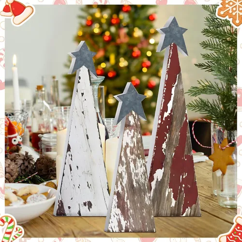 Vista 2 de Soaoo 3 piezas de decoración de mesa de árbol de Navidad rústico de madera para granja, pequeños árboles de Navidad de mesa, centros de mesa