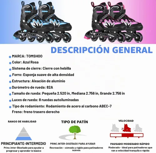 Vista 8 de TOMSHOO Kids Roller Blades Adjustable Inline Skates