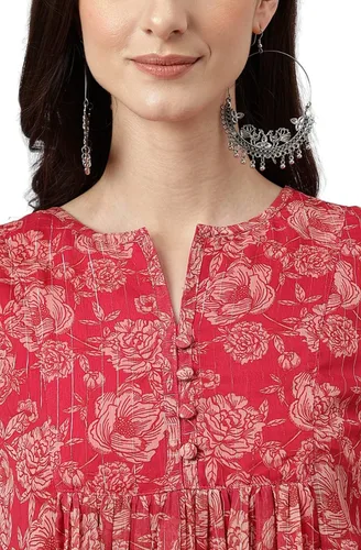 Vista 6 de Janasya Indian - Vestido acampanado de gasa rosa oscuro con estampado floral lúrex para mujer