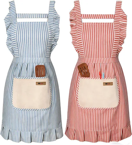 Vista 13 de Paquete de 2 delantales de cocina ajustables para mujeres y hombres con bolsillos, delantal de trabajo, parrilla, restaurante