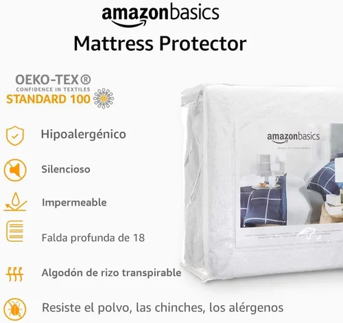 Vista 5 de Amazon Basics Protector de colchón impermeable de 18 pulgadas, tamaño individual, transpirable, lavable a máquina, color blanco