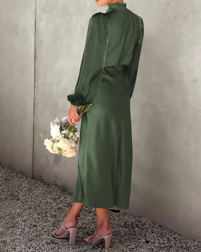 Vista 4 de BTFBM Vestido de satén con cuello alto falso para mujer, elegante, manga larga, cintura alta, formal, para boda, cóctel, fiesta, maxi vestidos