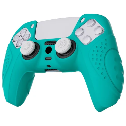 Vista 7 de eXtremeRate PlayVital Guardian Edition Aqua Green Ergonomic Soft Anti-Slip Controller Silicone Case Cover for ps5, Rubber Protector Skins with White