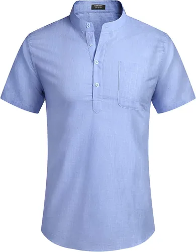 Vista 2 de COOFANDY - Camisetas henley de algodón y lino para hombre, manga larga, con bolsillo, de estilo hippie, informal, para la playa