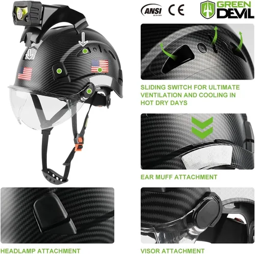 Vista 2 de GREEN DEVIL Casco de seguridad con luz recargable para faros delanteros y forro para casco, correa para barbilla, para hombre, ventilada