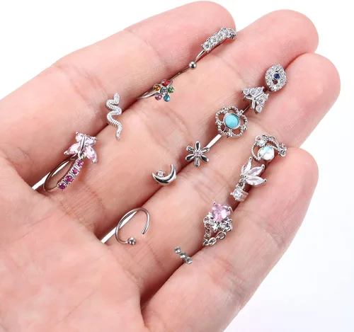 Vista 6 de Sanfenly 16 anillos de nariz colgantes de 20 G, en forma de L, para mujeres y hombres, de acero inoxidable colgante, corazón, mariposa, luna