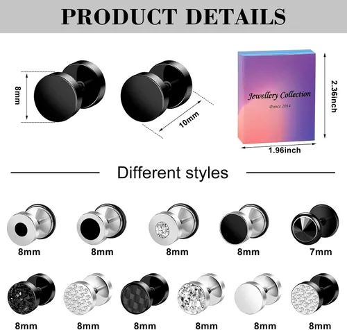 Vista 2 de ONESING 12 pares de aretes falsos de calibre para hombres, acero inoxidable, aretes de aro para hombres, aretes redondos, con calibres falsos