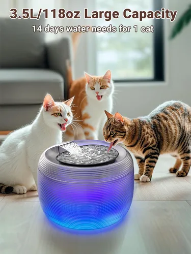 Vista 2 de Kastty - Fuente de agua para gatos silenciosa de 3.5L, fuente de agua para mascotas de gran capacidad de 118 oz para gatos en interiores con luz LED