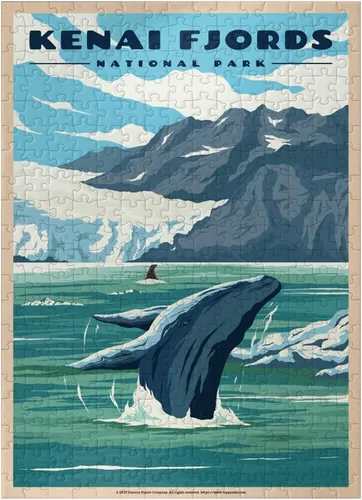 Vista 7 de MyPuzzle Parque Nacional de los Fiordos Kenai - Refugio de ballenas en la naturaleza, póster de viaje vintage, rompecabezas premium de 100 piezas
