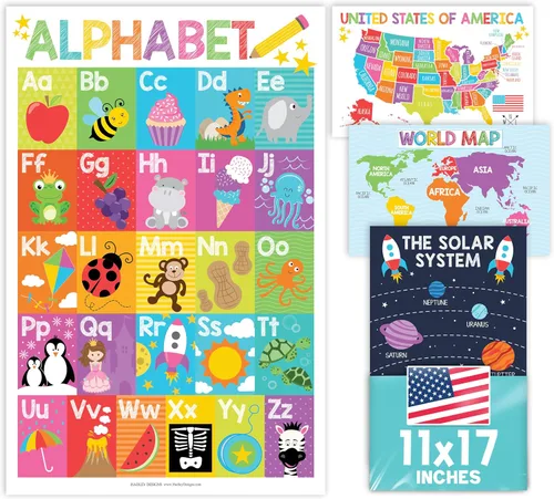 Vista 11 de Hadley Designs 4 carteles del alfabeto, mapa de Estados Unidos, mapa del mundo y sistema solar, gráficos ABC laminados para decoración de pared