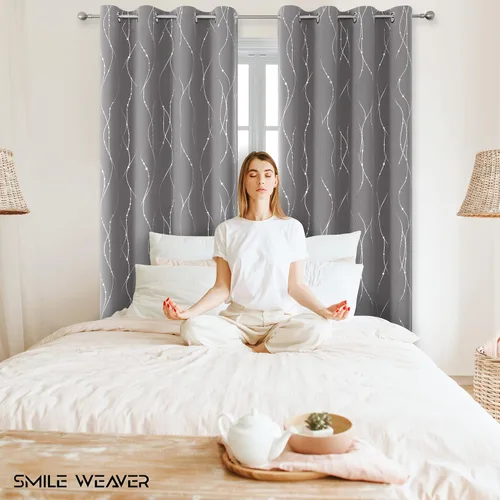 Vista 2 de SMILE WEAVER - Cortinas opacas gris claro de 84 pulgadas de largo para sala de estar, cortinas de oscurecimiento de ventana con diseño estampado