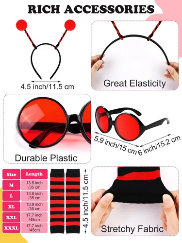Vista 4 de AOTHSO Conjunto de 7 piezas de disfraz de mariquita para mujer, disfraz de mariquita para adultos, diadema, anteojos, calentadores de piernas