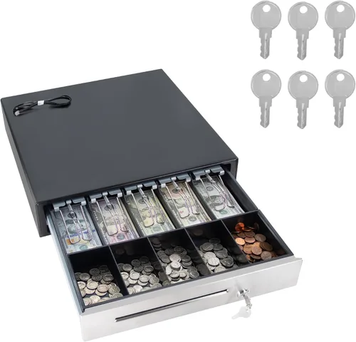 Vista 13 de HK SYSTEMS Cajón de efectivo negro resistente frontal de 16 pulgadas "acero inoxidable" con 5Bill/5Coin