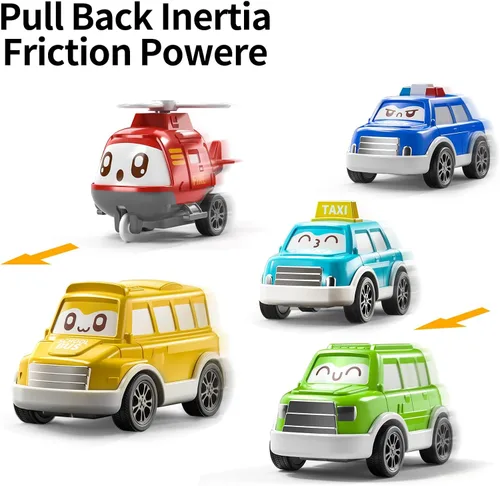 Vista 7 de TEMI - Juguetes de coches tirados para niños pequeños de 1, 2, 3 años para niños y niñas, 12 piezas de juguetes de coches para bebés con alfombrilla