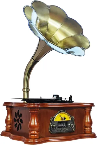 Vista 13 de Tocadiscos vintage de madera para gramófono, tocadiscos de fonógrafo retro, tocadiscos de 3 velocidades para discos de vinilo con reproducción