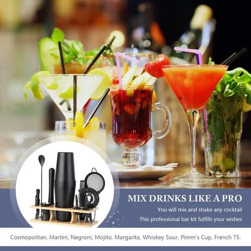 Vista 4 de JNWINOG Juego de coctelera de acero inoxidable, 11 piezas, kit de bartending de 25 onzas, Boston Shaker Bar Kit de mezcla de cóctel, kit profesional