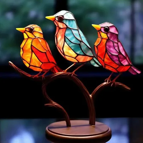 Vista 3 de Adornos de escritorio con diseño de pájaros en ramas, de doble cara, multicolor, acrílico, de doble cara, multicolor, para manualidades, estatua