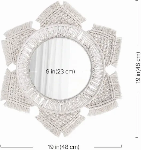 Vista 6 de Flexzion Espejo de pared colgante con flecos de macramé de sol y luna, espejo redondo con flecos de sol, arte bohemio rústico para montar