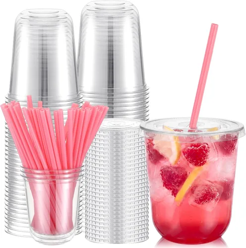 Vista 10 de Ziliny Juego de 50 vasos de plástico de paja negra con pajitas y tapas en forma de corazón, tazas desechables para café helado, mascotas