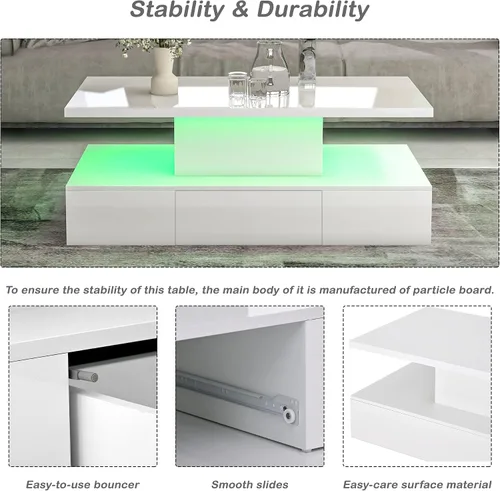 Vista 4 de LUMISOL Mesa de centro brillante con cajón de almacenamiento y luz LED, mesa central rectangular de 2 niveles, color blanco