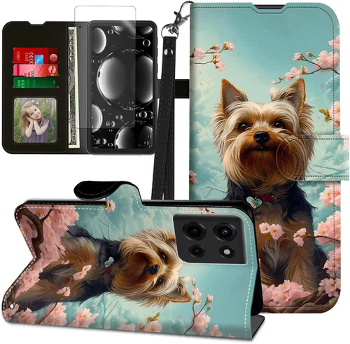 Vista 51 de Funda para Motorola Edge 2022 con protector de pantalla, soporte y tarjetero y correa para la muñeca, funda magnética para Moto Edge 2022 5G UW Lobo