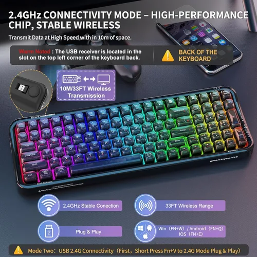 Vista 3 de FOPETT Teclado inalámbrico para computadora con retroiluminación RGB, Bluetooth 5.0/USB-C/2.4 GHz, teclado ergonómico para juegos, tapa transparente