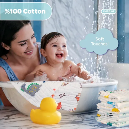Vista 4 de Toallitas de muselina para bebé, toallitas para recién nacidos, paquete de 7 con patrón de animales, toallas absorbentes para baño y cara