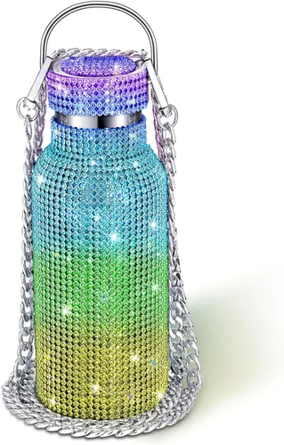 Vista 28 de Geiserailie Botella de agua con diamantes de imitación de acero inoxidable, térmica, recargable, aislada, con cadena, para mujeres y niñas