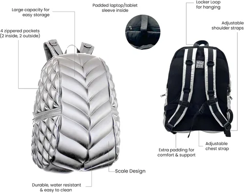 Vista 5 de Mochila para portátil de 15 pulgadas de alta calidad, funcional, duradera, elegante, bolsa de viaje, casual, para hombres y mujeres, Plata Hi-ho