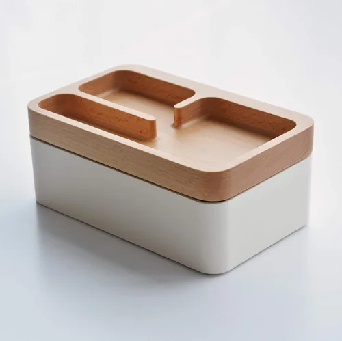 Vista 2 de REVOV - Caja de bandeja con tapa giratoria magnética de madera auténtica almacenamiento de escritorio organizador de escritorio de oficina