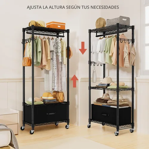 Vista 3 de VyGrow Perchero de Ropa, Perchero de Ropa para Colgar Ropa, Sistema Organizador de Closet Ajustable de 3 Niveles con Cajón Barra para Colgar 13.18