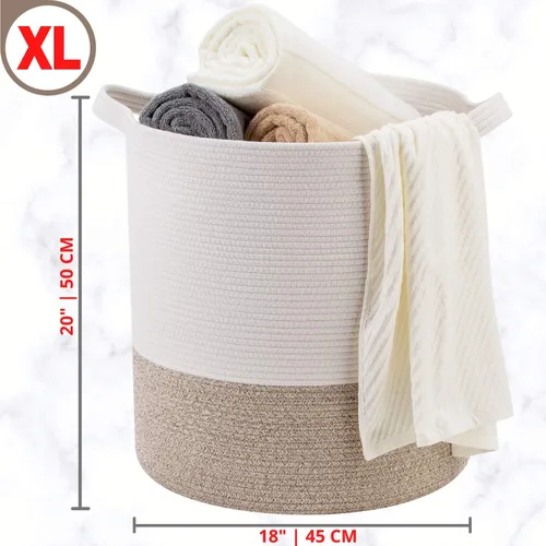 Vista 2 de MINTWOOD Design Cesta decorativa de cuerda de algodón tejida extra grande de 20 x 18 pulgadas, cesta alta para ropa sucia, cesta de manta para sala