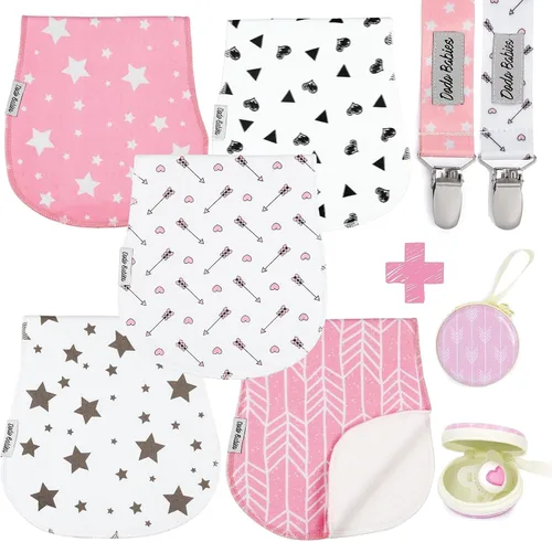 Vista 10 de Dodo Babies Paños de algodón para eructos – Algodón absorbente esencial para bebé – Hombro contorneado para bebé niño – Clip para chupete y estuche