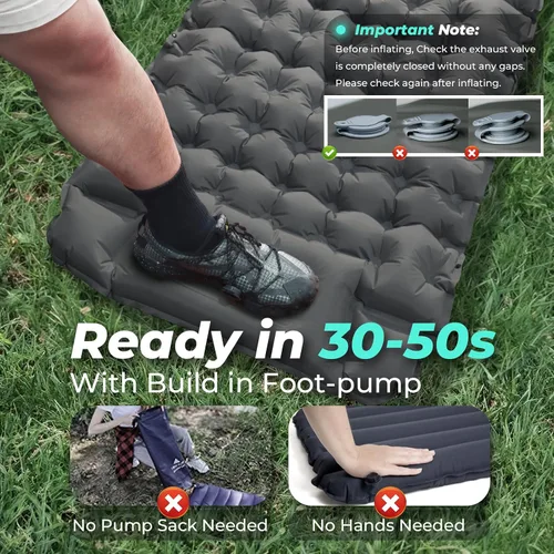 Vista 5 de Colchoneta de dormir inflable de 4 pulgadas de grosor con almohada ajustable y bomba de pie integrada, colchón de aire ligero para acampar con Gris